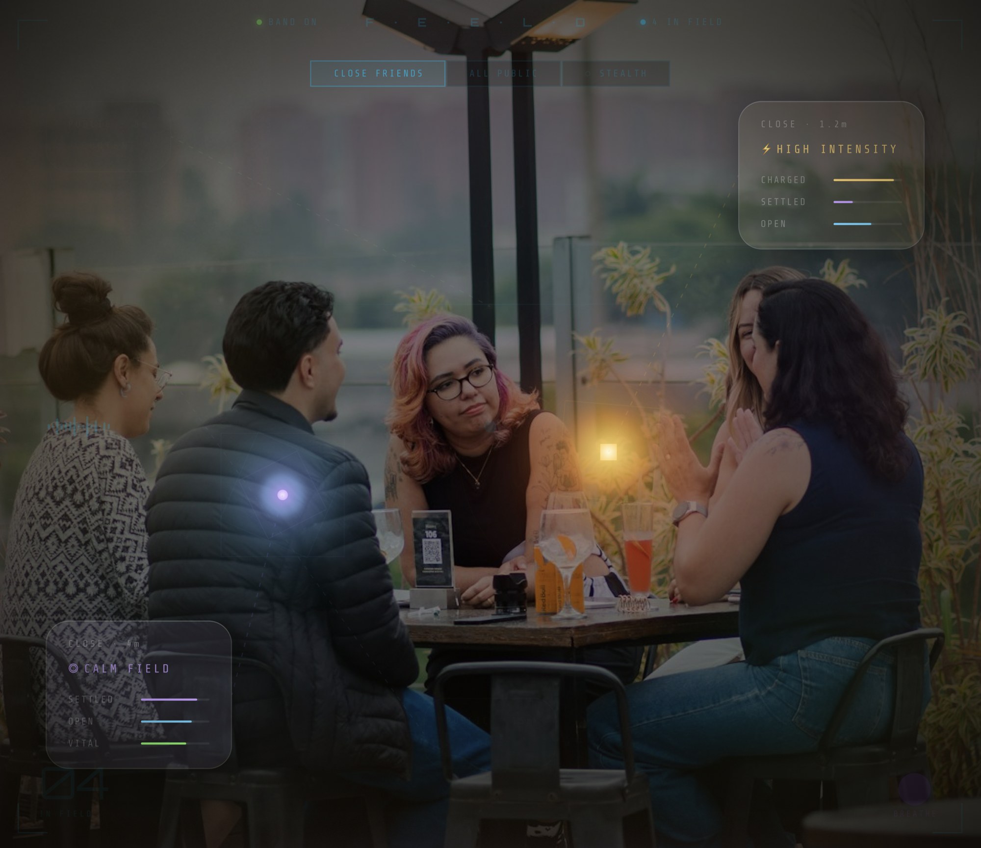 Feeld: the lens HUD overlaid on a dinner scene