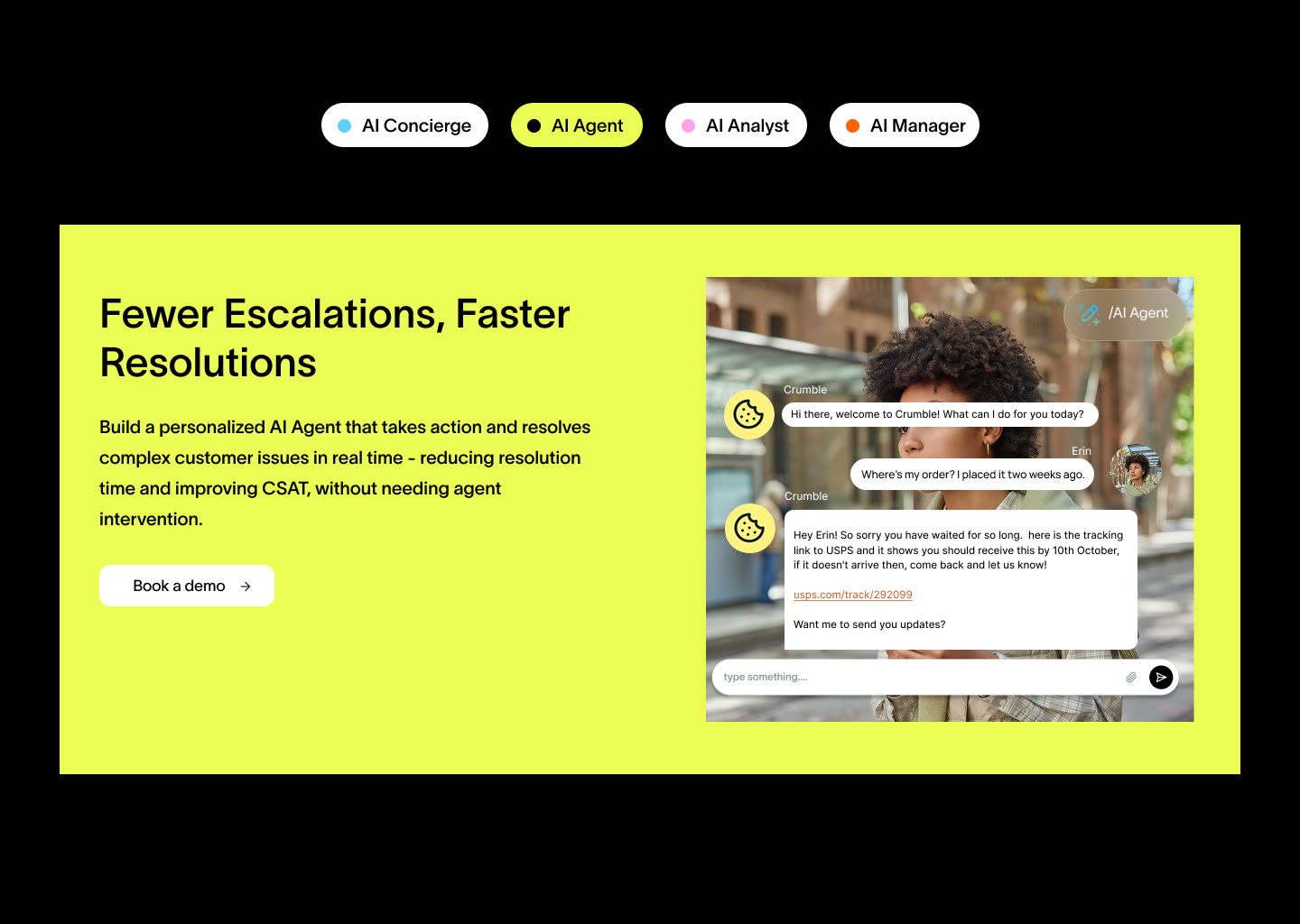 AI Agent feature block: fewer escalations, faster resolutions